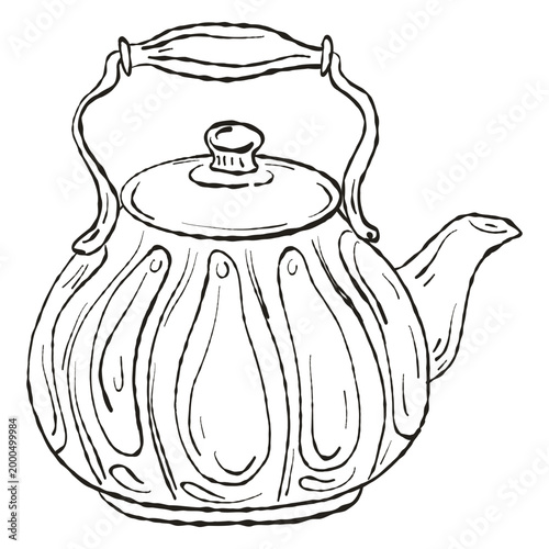 Ceramic Teapot Illustration, Hand Drawn Ink Doodle Sketch for Tea House Branding, Vector Illustration