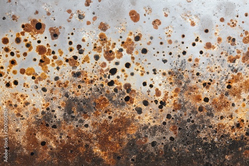 Mottled brown and black rust spreading across a smooth stainless steel panel.