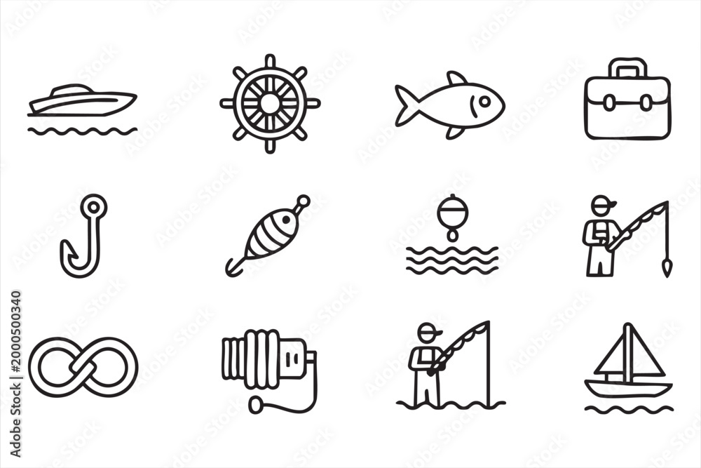 Fototapeta premium Fishing Marine Line Icons for Nautical Travel and Outdoor Recreation
