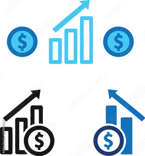 Financial growth icon with rising bar chart, upward arrow and dollar coin. Concept of profit increase, revenue growth, income, investment success and financial performance.