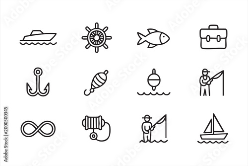 Nautical Fishing Symbol Set Featuring Boat Fish Hook and Sailor Icons