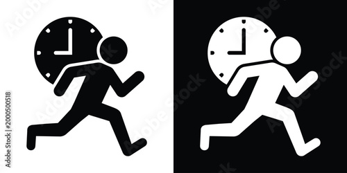 Minimalist icon of a person running in front of a clock. Represents time pressure, meeting deadlines, urgency, and fast-paced schedules. Professional graphic design for digital platforms.