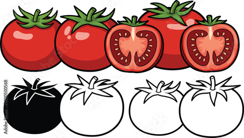Tomato Collection with Whole and Sliced Tomatoes for Fresh Produce and Food Illustration