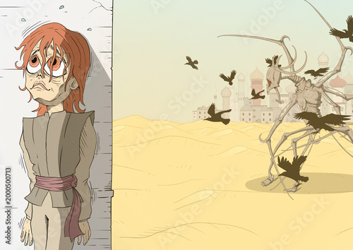 hand drawn illustration of terrifying creature in desert surrounded by crows, while a frightened person hides behind a wall avoiding