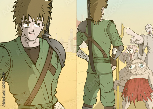 hand drawn illustration of ancient warrior walking through cemetery, wearing armor and carrying sword
