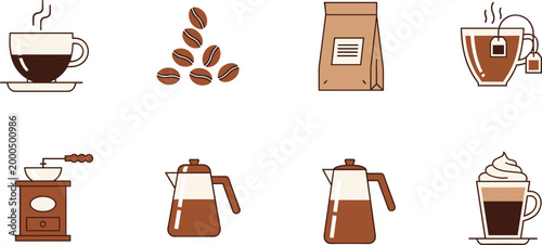 Coffee and Tea Collection with Cups, Beans, Grinder, Kettle, Tea Bags, and Espresso for Beverage and Drink Illustrations