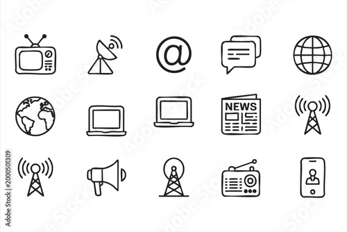 News and Broadcast Symbol Set Featuring TV Radio Satellite and Messaging