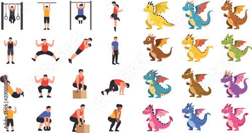 Fitness exercises and cute dragons set with workout activities and fantasy creatures cartoon vector illustration collection isolated on white background