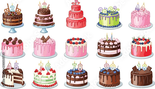 Birthday cakes collection with different designs chocolate fruit and cream cakes cartoon vector illustration set isolated on white background for celebration