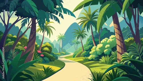 tropical forest scene with winding path through lush greenery and palm trees high quality professional detailed modern elegant stylish clean crisp