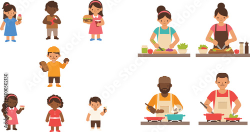 People eating fast food and cooking meals set with diverse characters preparing food cartoon vector illustration collection isolated on white background