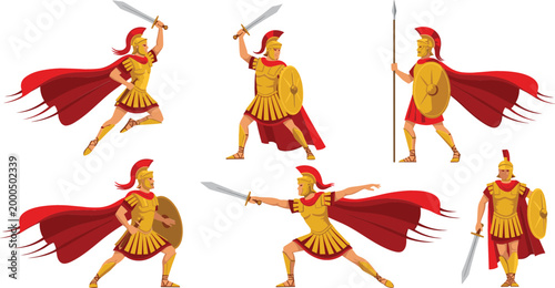 Ancient warrior characters set with sword shield and red cape heroic fighters cartoon vector illustration collection isolated on white background