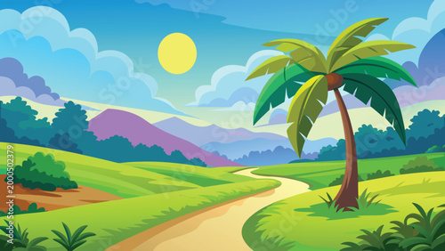 tropical landscape with palm tree and winding path under sunny sky high quality professional detailed modern elegant stylish clean crisp vibrant
