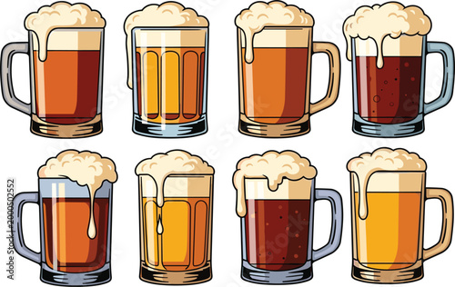 Beer Mug Collection with Foamy Drink, Various Shades, and Refreshing Beverage for Pub, Party, and Celebration Illustrations