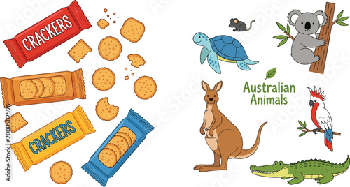 Crackers snacks set with biscuit packs and Australian animals collection cartoon vector illustration isolated on white background for food and wildlife design