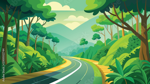 winding road through lush forest with vibrant green trees and distant mountains high quality professional detailed modern elegant stylish clean crisp