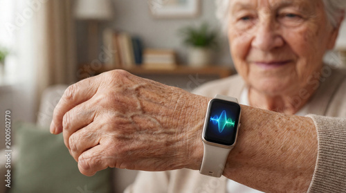 Close-up of smart health tracker on elderly hand with AI monitoring