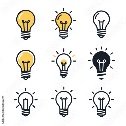 Set of light bulb icons, symbolizing ideas, innovation, and creativity. Vector illustration.