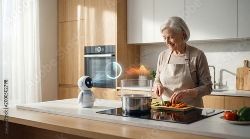 AI kitchen assistant helping senior woman cook safely at home
