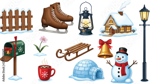 Winter Wonderland Icon Set with Christmas Decorations, Snowman, Ice Skates, Lantern, Igloo, and Cozy Holiday Elements for Seasonal Design Projects