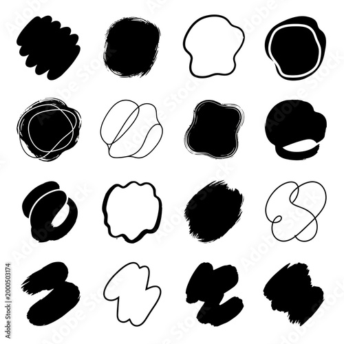 hand-drawn organic black abstract shapes set on transparent background