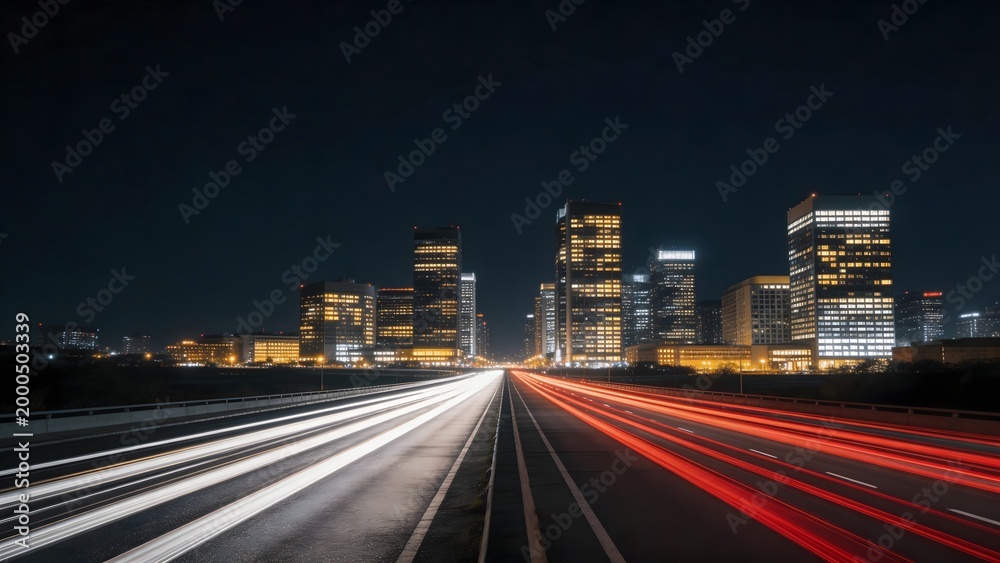 Obraz premium Nighttime city highway with light trails
