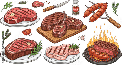 Grilled Meat Cuts and Sausages with Herbs, Spices, and Barbecue Scene Detailed Illustration Set