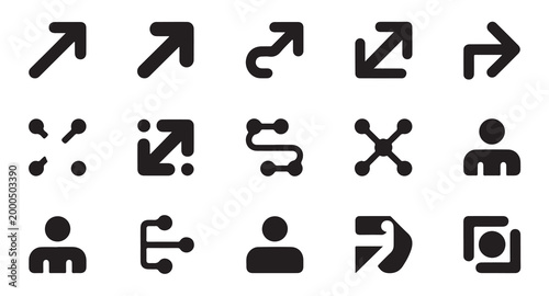 Minimalist thick black vector icons of arrows direction symbols and geometric connectors.