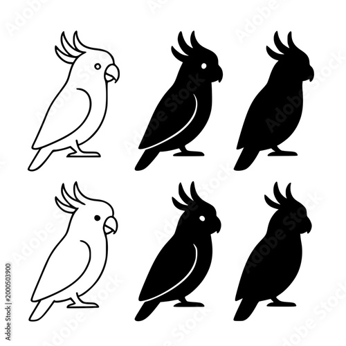 Minimalist cockatoo icon set, in outline and silhouette designs
