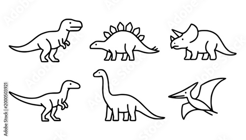 Minimalist dinosaur icon set, in outline design