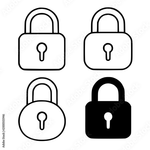 Minimalist padlock icon set, in outline and silhouette design