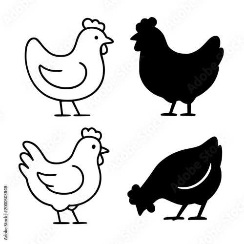 Chicken icon set minimalist, in outline and silhouette design