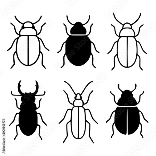 Beetle icon set illustration, in outline and silhouette design