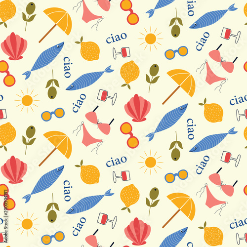 Colorful Italian summer icons seamless pattern featuring sardines, umbrella, lemon, olive, seashell swimsuits and sunshine. For summer backgrounds, travel backgrounds, and beach accessories