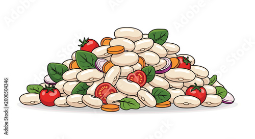 A vibrant and colorful heap of nutritious white beans mixed with fresh tomatoes, spinach leaves, sliced carrots, and red onions, ideal for healthy cooking.