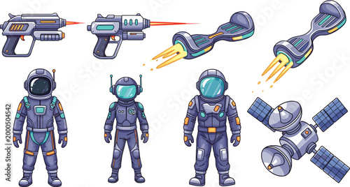 Futuristic sci-fi space adventure set featuring astronauts in advanced suits laser guns satellite and high tech hoverboard equipment