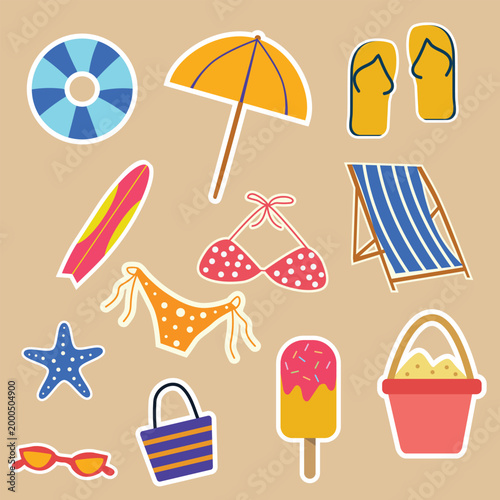 Summer beach icon sticker set collection featuring parasol, beach chair, swimwear, flip flops, surfboard, sand bucket, lifebuoy. For stationary, summer backgrounds and clip arts