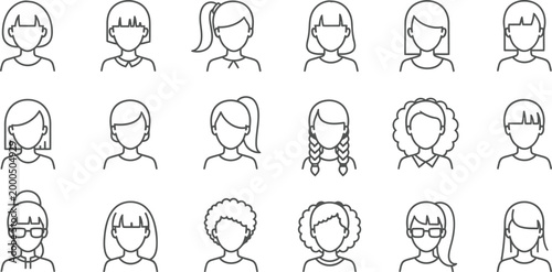 Avatars of diverse women representing various hairstyles and appearances are arranged in a clean grid for user profiles.