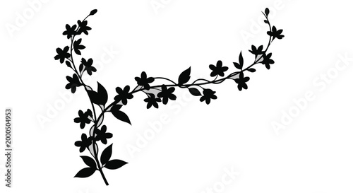 Black floral branch silhouette with leaves and flowers on white background for design, decoration, and artistic projects