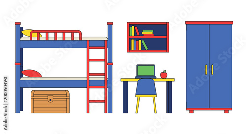 A cheerfully designed children's bedroom complete with a blue bunk bed, desk, chair, bookshelf, and a spacious blue wardrobe, ideal for kids.