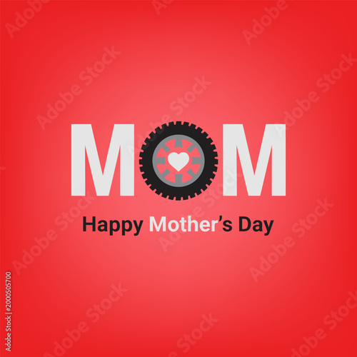 Mothers day greeting card with tire graphic design on red background celebrating automotive enthusiast moms featuring bold mom typography with wheel icon heart symbol for holiday celebration