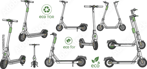 Eco-Friendly Electric Scooter Set with Green Detailing and Sustainability Features in Modern Hand-Drawn Style