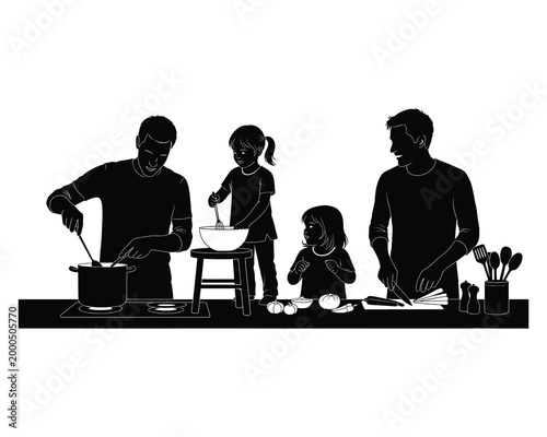 Family silhouette cooking caring and togetherness in a minimalist style