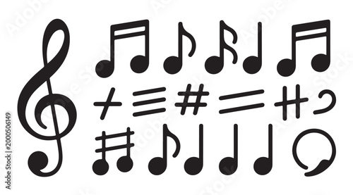 Schilderij op canvas Set of musical notes and melodic symbols isolated on white background for design projects