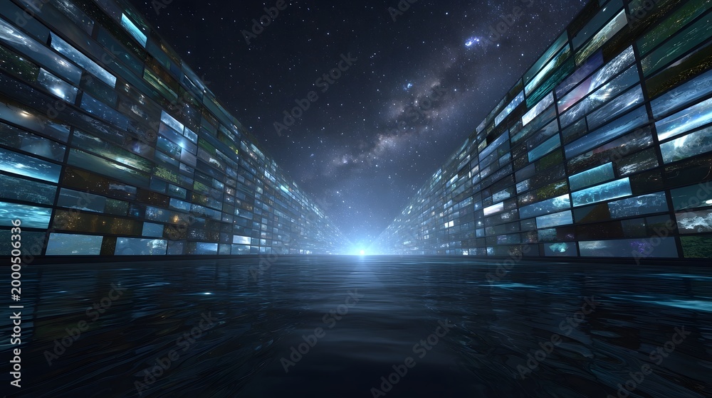 Fototapeta premium A mesmerizing passage through a digital tunnel lined with glowing data streams beneath a vast cosmic nebula sky
