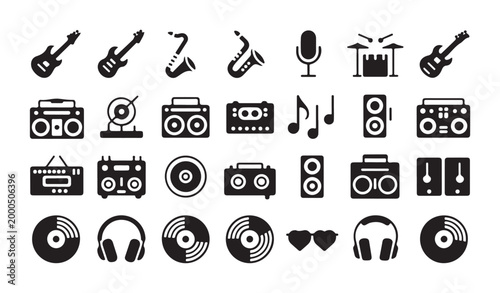 Collection of electronic musical instruments and audio gear icons.