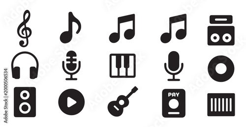 Musical instruments and audio playback icons arranged in rows on white background.
