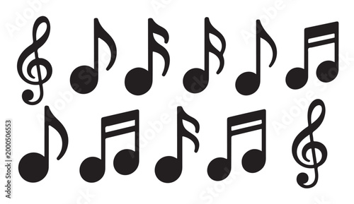 Musical notes and treble clefs collection flat icons on white background.