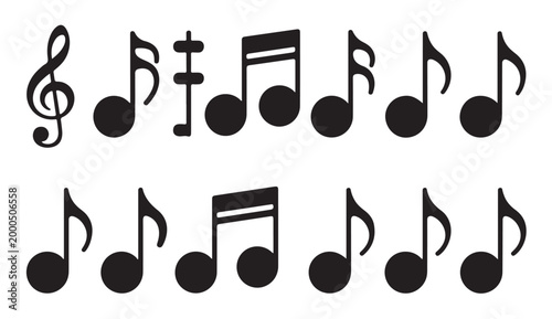 Various music notes and treble clefs collection flat icons on white background.