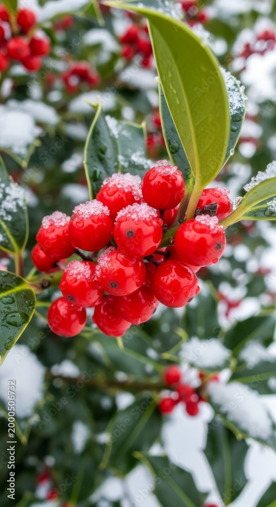 Obraz premium Ripe Red Holly Berries Covered in Snow